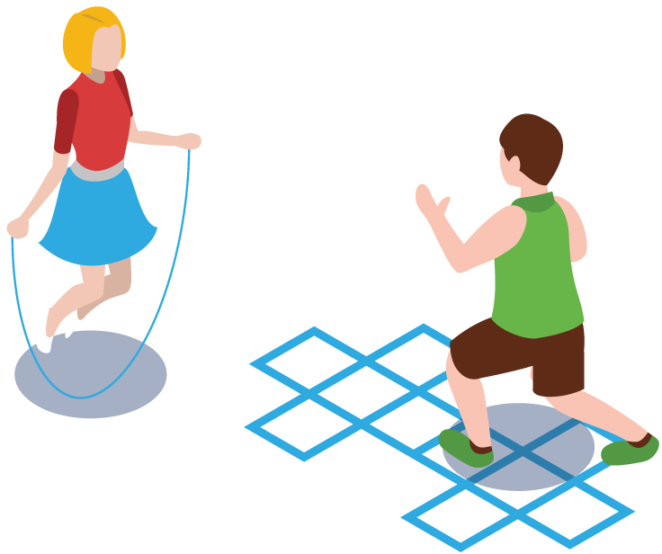 Young people playing hopscotch and skipping in playground